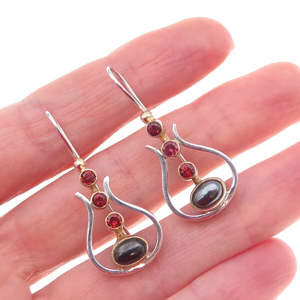 925 Sterling Silver 2-Tone Vintage Real Hematite & Red Garnet Modernist Earrings